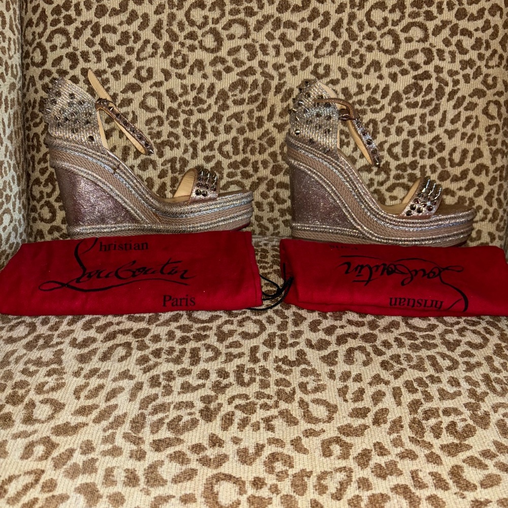 Authentic Metallic Christian Louboutin Wedge Sandal with Spikes